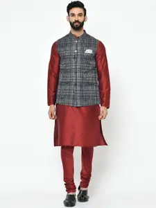KISAH Men Maroon & Grey Solid Kurta with Pyjamas & Nehru Jacket
