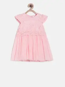 MINI KLUB Girls Pink Self Design Fit and Flare Dress