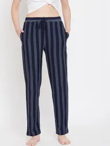 Hypernation Women Navy Blue & Grey Striped Lounge Pants