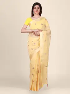 CLAI WORLD Yellow & Pink Tissue Embroidered Saree