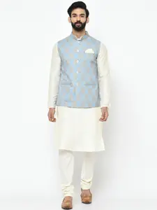 KISAH Men Blue & White Solid Kurta with Churidar & Nehru Jacket