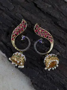 Fabstreet Gold-Plated & Red Peacock Shaped Jhumkas