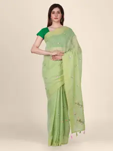 CLAI WORLD Green & Pink Tissue Embroidered Saree
