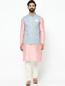 KISAH Men Blue & Pink Solid Kurta with Churidar & Nehru Jacket