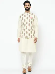 KISAH Men White & Pink Self Design Kurta with Churidar