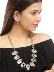 Silvermerc Designs Traditional Silver & Gold Tone Rose Ethnic Long Necklace With Earrings For Women & Girls