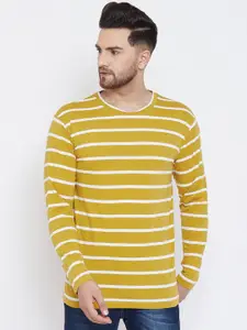 Hypernation Men Yellow Striped Round Neck Pure Cotton T-shirt