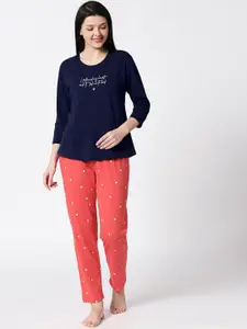 I like me Women Navy Blue & Coral Printed Night suit