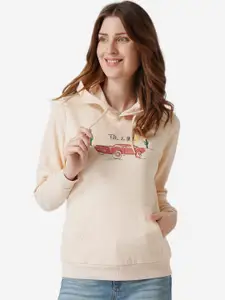 Mode by Red Tape Women Cream-Coloured Printed Hooded Sweatshirt