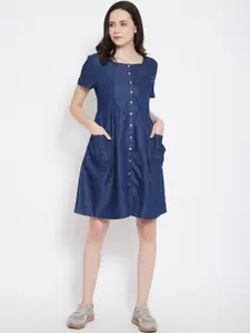 Ruhaans Women Blue Solid Denim A-Line Dress