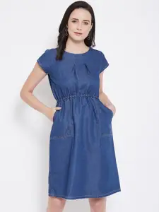 Ruhaans Women Navy Blue Solid Denim Fit and Flare Dress
