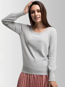 FableStreet Women Grey Solid Pullover Sweater