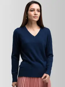 FableStreet Women Acrylic Navy Blue Solid Pullover Sweater