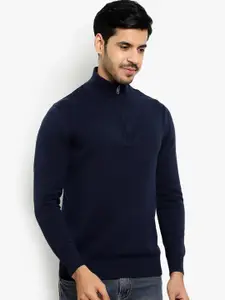 ARMISTO Men Navy Blue Woolen Half Zip Sweater