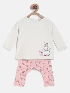 MINI KLUB Girls White & Pink Printed T-shirt with Trousers