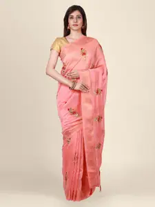 CLAI WORLD Pink & Red Silk Blend Embroidered Handloom Saree