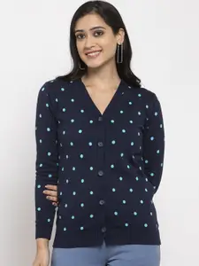 Kalt Women Navy Blue Printed Cardigan Sweater