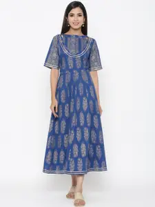 Maaesa Women Blue Printed A-Line Dress
