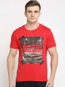 Wrangler Men Red & Grey Printed Round Neck Slim-Fit T-shirt