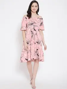 Ruhaans Women Pink Printed Fit and Flare Dress