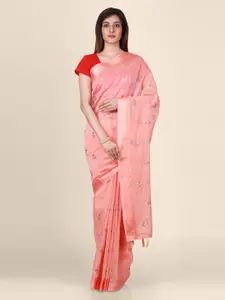 CLAI WORLD Pink & Yellow Linen Blend Embroidered Handloom Saree
