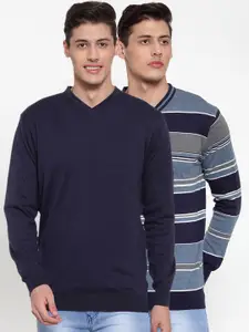 Kalt Men Navy Blue Solid Reversible Pullover Sweater