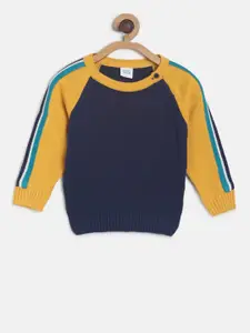 MINI KLUB Boys Navy Blue & Mustard Yellow Colourblocked Pullover Sweater