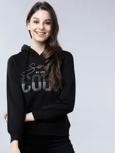 Tokyo Talkies Women Black Printed Hooded Sweatshirt