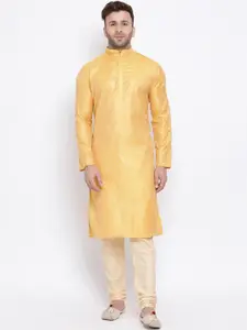 NAMASKAR Men Yellow Jacquard Self Design Straight Kurta