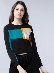 Tokyo Talkies Women Black & Blue Colourblocked Sweatshirt