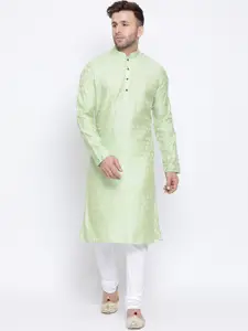 NAMASKAR Men Green Jacquard Self Design Straight Kurta