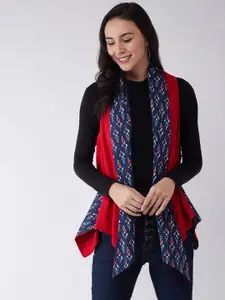 InWeave Women Blue & Red Ikkat Printed Reversible Open Front Fusion Shrug
