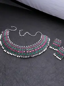Yellow Chimes Women Green & Pink Stones Studded Silver-Plated Choker Oxidised Necklace Set
