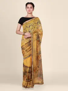 CLAI WORLD Yellow & Brown Poly Georgette Printed Saree