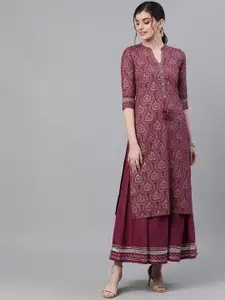 Ishin Women Purple & Burgundy Printed Kurta with Skirt