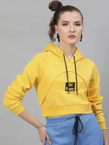 STREET 9 Women Yellow Printed Crop Hooded Sweatshirt