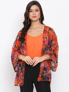 Oxolloxo Women Orange & Black Floral Printed Open-Front Shrug with Camisole