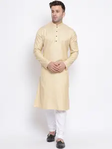 NAMASKAR Men Beige Cotton Printed Straight Kurta