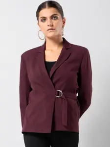 FabAlley Women Burgundy Solid Side Belted Wrap Casual Blazer