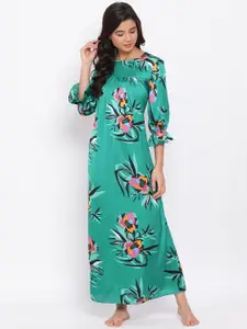Oxolloxo Women Teal Green & Black Floral Printed Maxi Nightdress