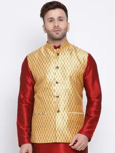 NAMASKAR Men Yellow Printed Nehru Jacket