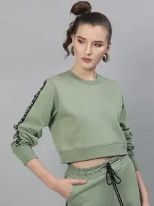 STREET 9 Women Green Solid Crop Sweatshirt With Side Stripes