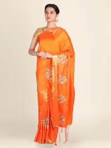 CLAI WORLD Orange & Gold-Toned Silk Blend Printed Saree