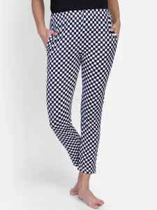 PROTEENS Women White & Navy Checked Slim Fit Lounge Pants