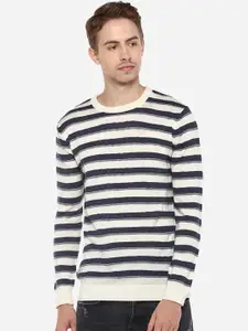 Red Chief Men Acrylic Off-White & Grey Striped Pullover Sweater