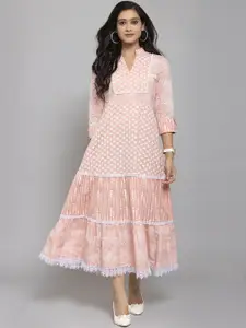 Get Glamr Women Peach-Coloured Floral Printed A-Line Ethnic Dress With Matching Mask