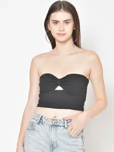 Cation Women Black Solid Tube Crop Pure Cotton Top