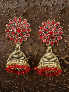 ANIKAS CREATION Red & Gold-Toned Jhumkas