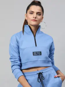 STREET 9 Women Blue Solid Crop Sweatshirt