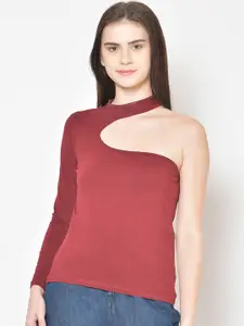 Cation Women Maroon Solid Pure Cotton Top